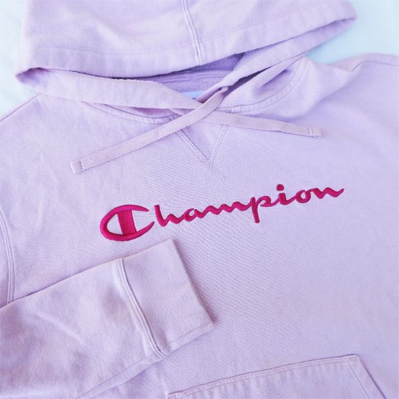 Champion Pink Hoodie Sweatshirt Streetwear Embroidered Spell Out Kangaroo Pocket - Picture 4 of 10